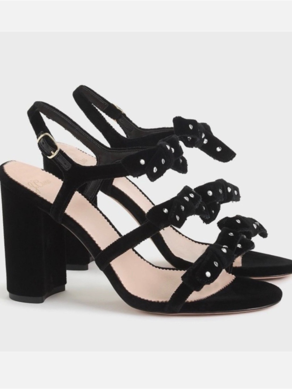 NEW J. Crew Stella Bow Heels Sz 8.5 Embellished Velvet Black Sandals Italy ~$199